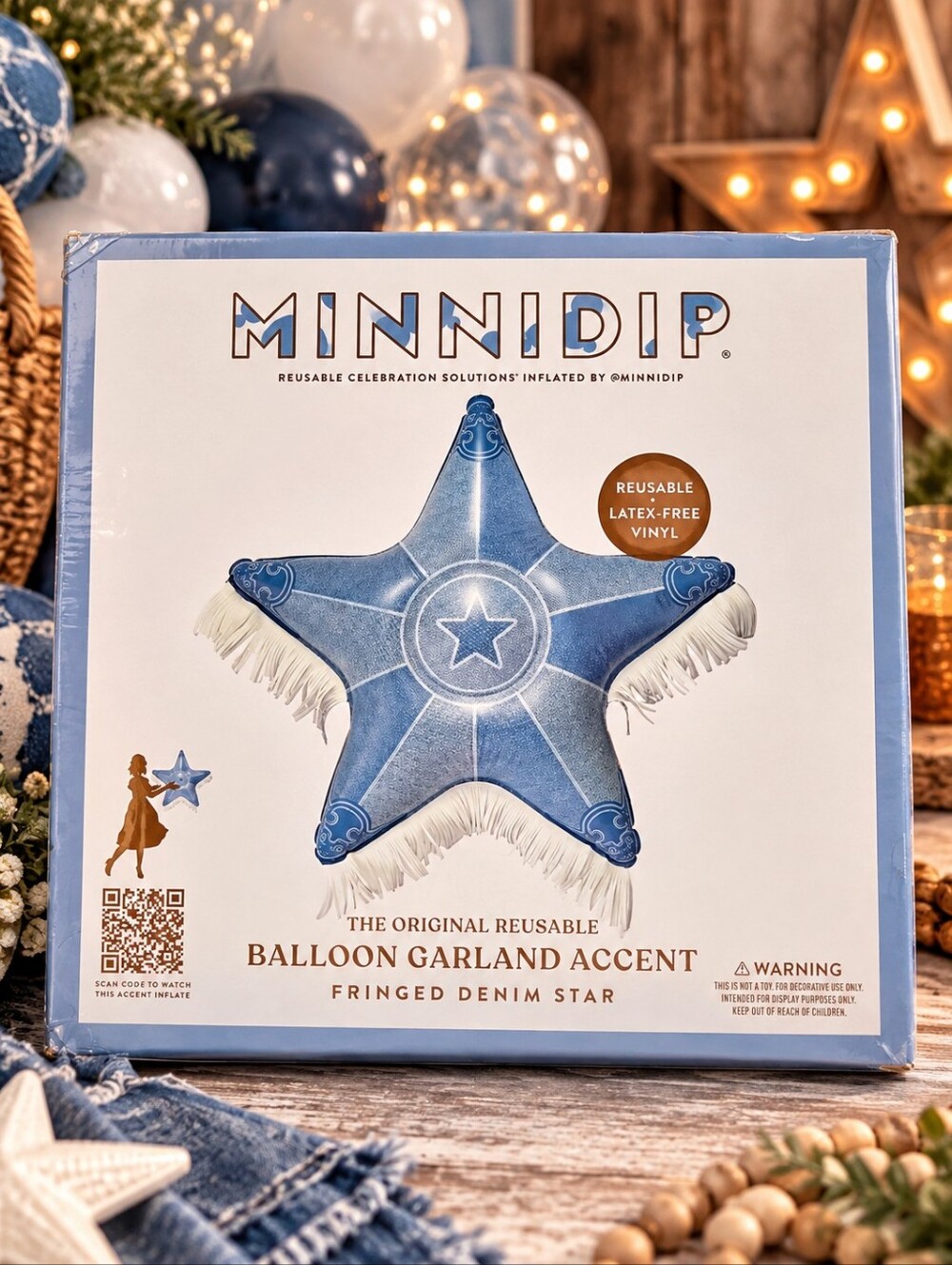 MINNIDIP Fringed Denim Star Balloon Garland Accent 2.75 Ft NEW Sealed